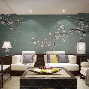 繊細な筆遣いの桜の花シノワズリ壁紙壁画、春の桜の花の枝シノワズリ壁画