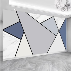 Carta da parati geometrica minimalista, decorazione murale moderna dal design geometrico, decorazione murale geometrica bianco blu con geometria