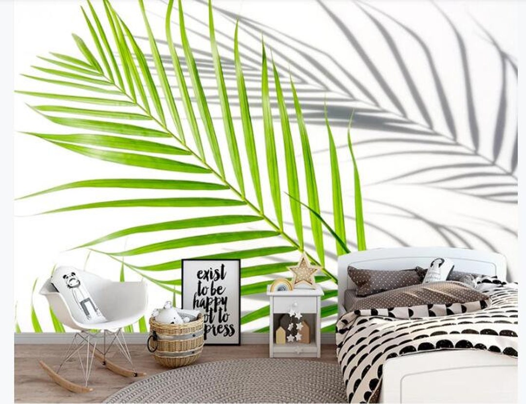 Simple Two Palm Leaves Leaf Wallpaper Wall Mural, One Green Palm Leaf ...