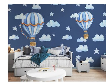 Blue Sky Blue Clouds Kids Nursery Clouds Wallpaper Wall Mural, Cartoon Clouds Sky with Hot-air Balloon Kids Children Wall Mural