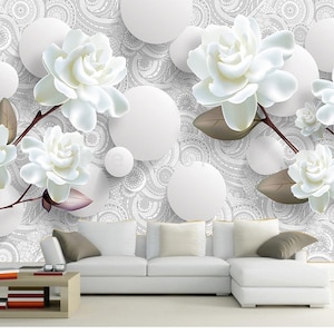 3D Floral Wall Mural: European Style Relief Flower Circle Wallpaper