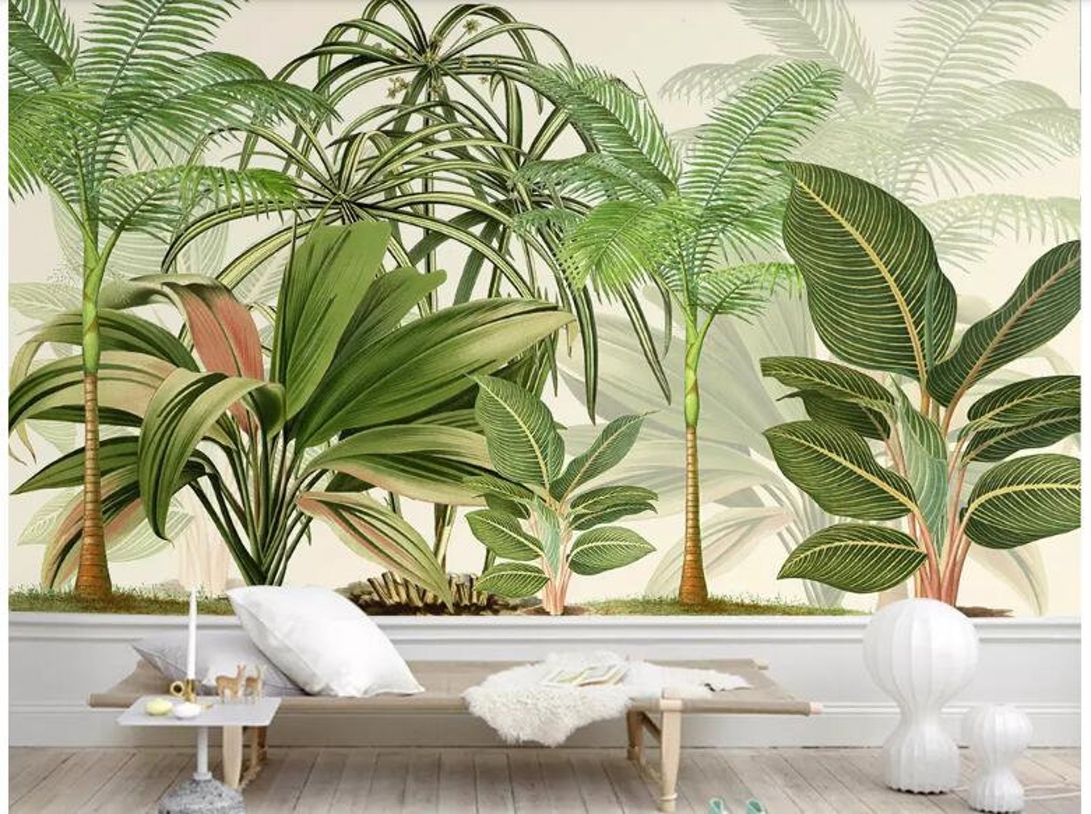 Hand Painted Tropical Plants Wallpaper Wall Mural Green Etsy