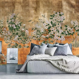 Chinoiserie Floral Wallpaper Mural: Gold Gilded Xuan Paper Wall Decor