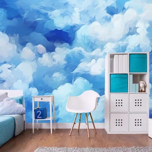 Abstract Art. Clouds, Watercolor Painting Wallpaper, Hand Drawn Modern Art Wallpapers, White Clouds Blue Sky Wall Mural Wall Decor