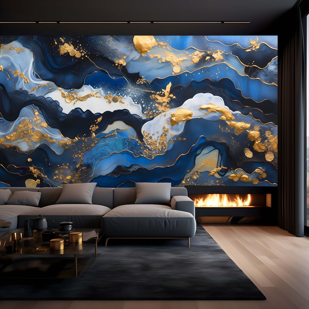 Blue and Gold Marble Wallpaper Mural: Abstract Wall Decor - Etsy