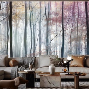 Autumn Foggy Forest Trees Wallpaper, Beautiful Autumn Forest Wall Mural Wall Decor