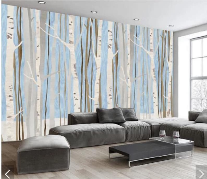 Hand Painted Trees wall Mural Birch Mural for Bedroom Living Room Home Decor Oil Painting Blue Backgroud Birch Trees Wallpaper Wall Mural