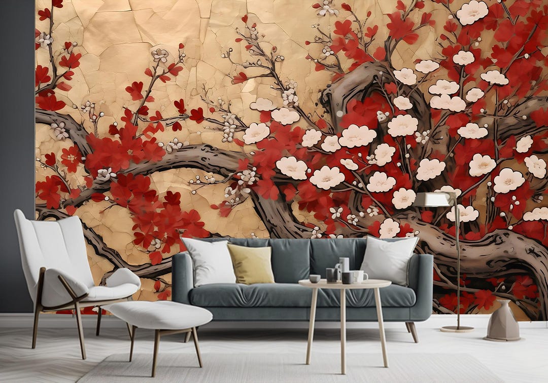 Chinoiserie Cherry Blossom Tree Wallpaper Mural - Peel and Stick - Etsy
