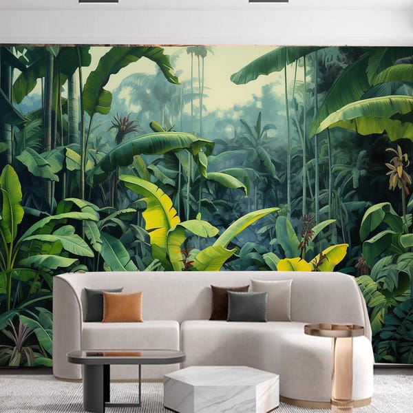 Watercolor Rainforest Wallpaper Mural: Tropical Banana Leaf Wall Art