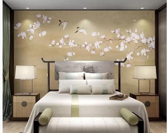 Magnolia Flowers and Birds Chinoiserie Wall Mural