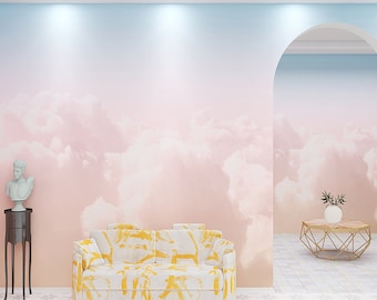 Watercolor Pink Clouds Cloudy Wallpaper Wall Mural, Beautiful Pink Colors Bright Colors Wall Mural Wall Decor