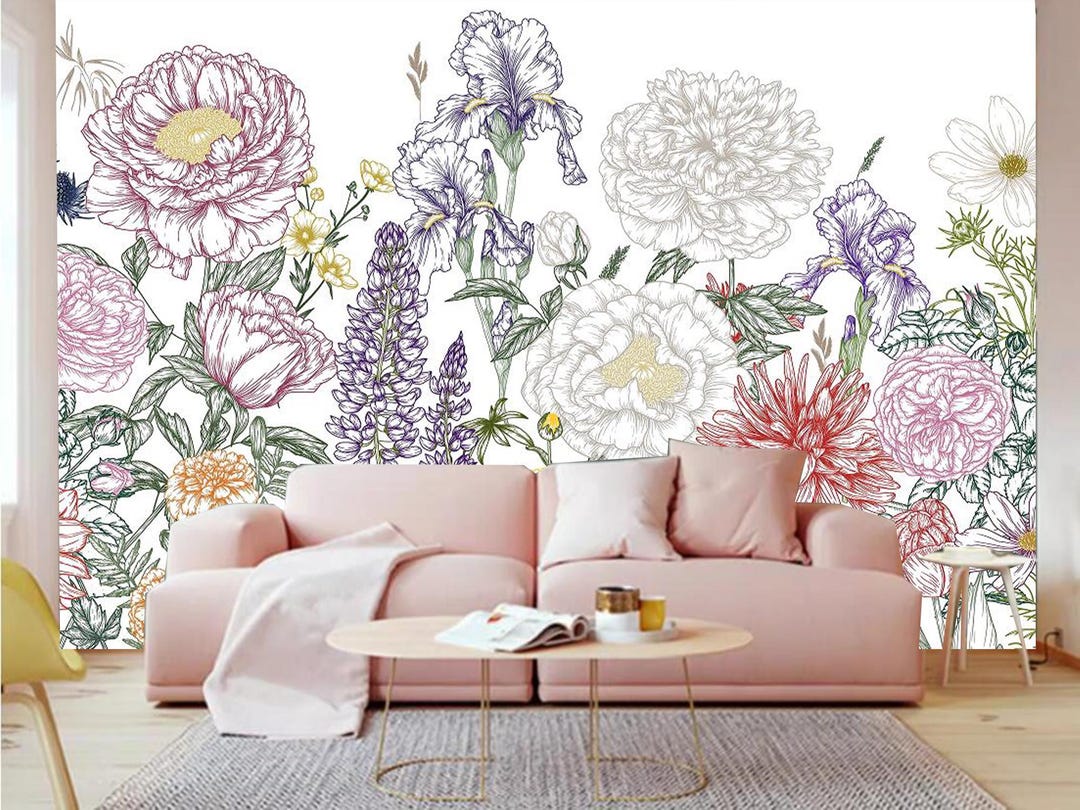 Watercolor Floral Wallpaper Mural: Garden Flowers, Custom Size - Etsy