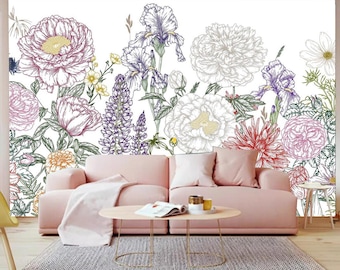 Watercolor Floral Wallpaper Mural: Garden Flowers, Custom Size
