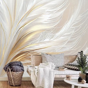 Abstract Minimalist White Golden Feather Wallppaer Wall Mural Home Decor