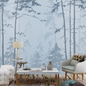 Horizontal Background with Pine Forest, Light Colors, Blue Wallpaper Wall Mural
