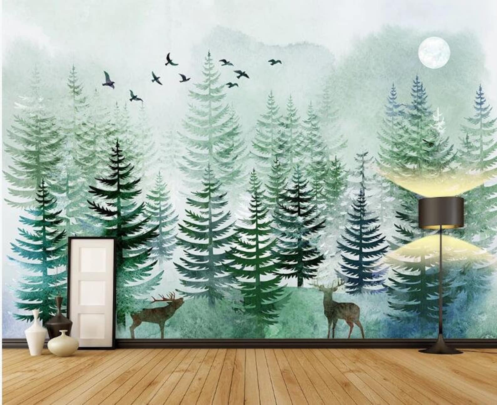 Abstract Pine Trees Wallpaper Wall Mural Green Pine Trees | Etsy