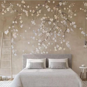 Hanging Cherry Blossoms Flowers Tree Wallpaper Wall Mural, Hand painted Vintage Hanging Cherry Branches Cherry Blossoms Floral Wall Mural