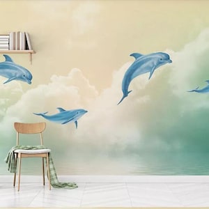 Incantevoli delfini con nuvole Nursery Wallpaper Walll, Nuvole con delfini bambini murale
