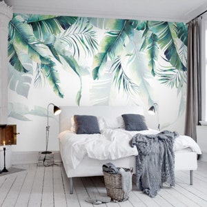 Carta da parati murale con foglie tropicali appese dipinte a mano ad acquerello, decorazione murale con foglie di banana, foglie di palma, decorazione murale con foglie tropicali