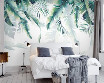 Watercolor Hand Painted Hanging Tropical Leaves Wallpaper Wall Mural, Banana Leaves Palm Leaves Wall Mural, Tropical Leaves Leaf Wall Mural