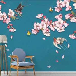 Chinoiserie Hanging Begonia Flowers Wallpaper, Flowers and Birds Floral Wall Mural Wall Decor