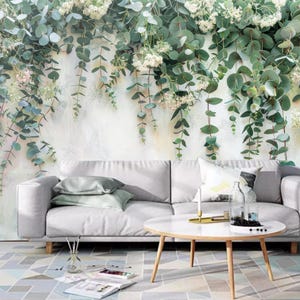 Abstract Hanging Vine Leaves Wallpaper, Textured Spring Green Leaves Acrylic Painting Print Wall Mural Wall Decor