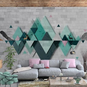 Grey Bricks Background with Geometric Wallpaper Wall Mural, Triangle Geometric Wall Mural Wall Decor