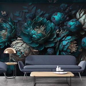 Blooming Flowerbeds Teal Flowers Wallpaper, Dark Moody Floral Texture Wall Mural, Photorealistic Effect Flowers Wall Decor Home Decor
