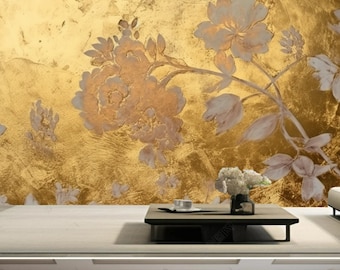 Goldene Blumen Wallpaper Wandbild, Abstrakte Blumen Schlafzimmer Wohnzimmer Wandbild Wanddekor