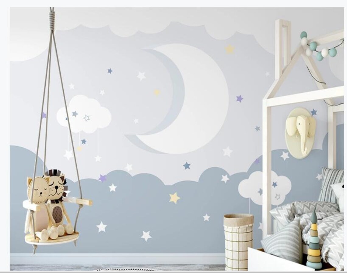 Nursery Cartoon Clouds Stars Moon Kids Wallpaper Wall Mural - Etsy