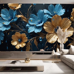 Modern Blue Gold Floral Wallpaper Wall Mural, Flowers Floral Wall Mural Wall Decor
