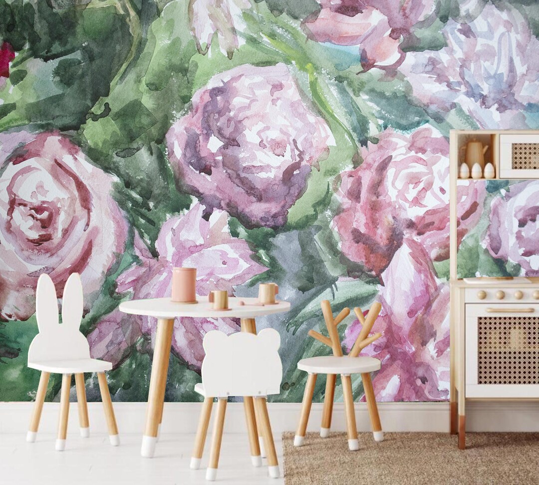 Watercolor Peony Wallpaper: Pink Floral Wall Mural - Etsy