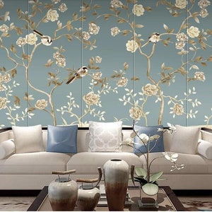 Chinoiserie Floral Bird Wallpaper Mural: Blue Flowers Vine Wall Decor
