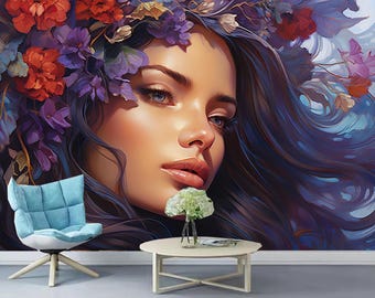 Floral Woman Portrait Wallpaper Mural: Beauty Salon Decor