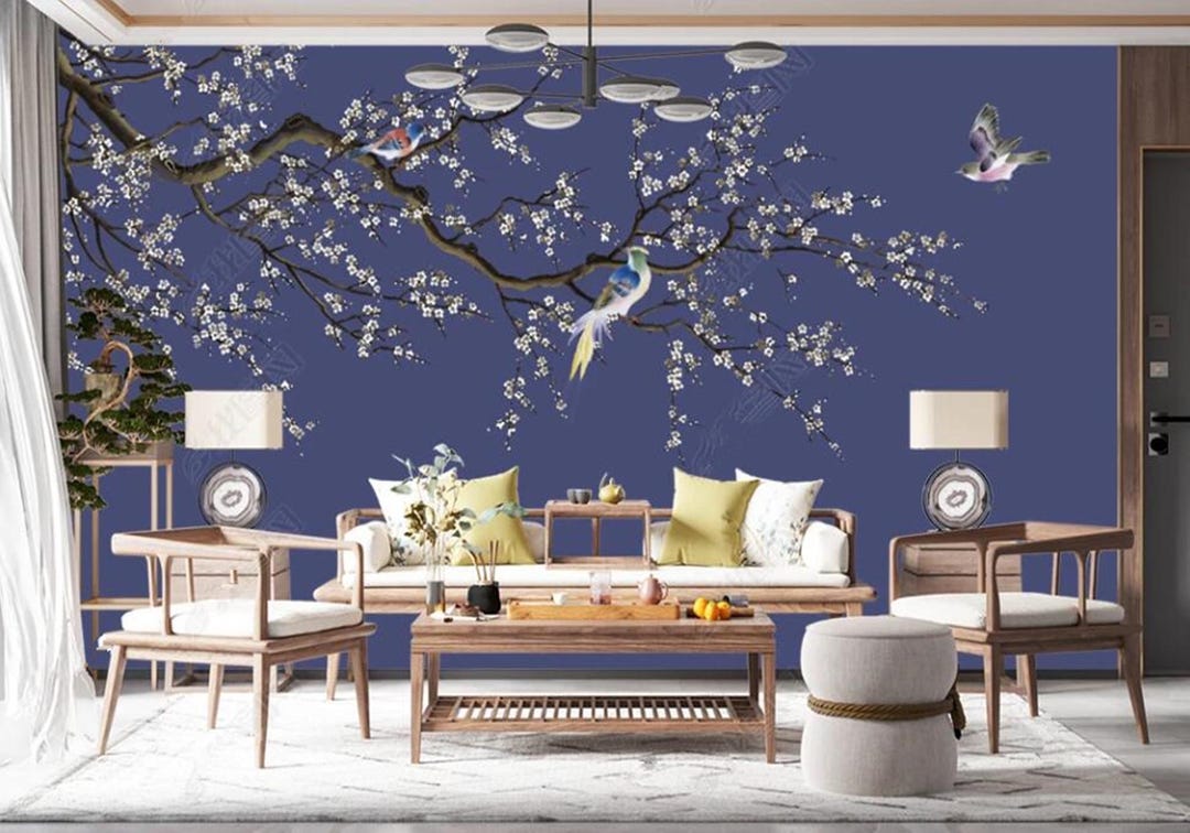 Chinoiserie Cherry Blossom Wallpaper: Navy Blue Floral Mural - Etsy
