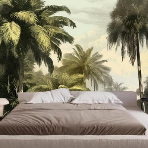 Papier peint jungle tropical palmiers : décoration murale peinture à l&#39;huile