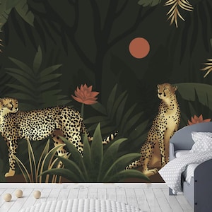 Wild Animal Gepard Leopard Kids Wallpaper Tropical Flowers Leaves Trees Jungle Kids&#39; Room Nursery Wall Mural Wall Decor