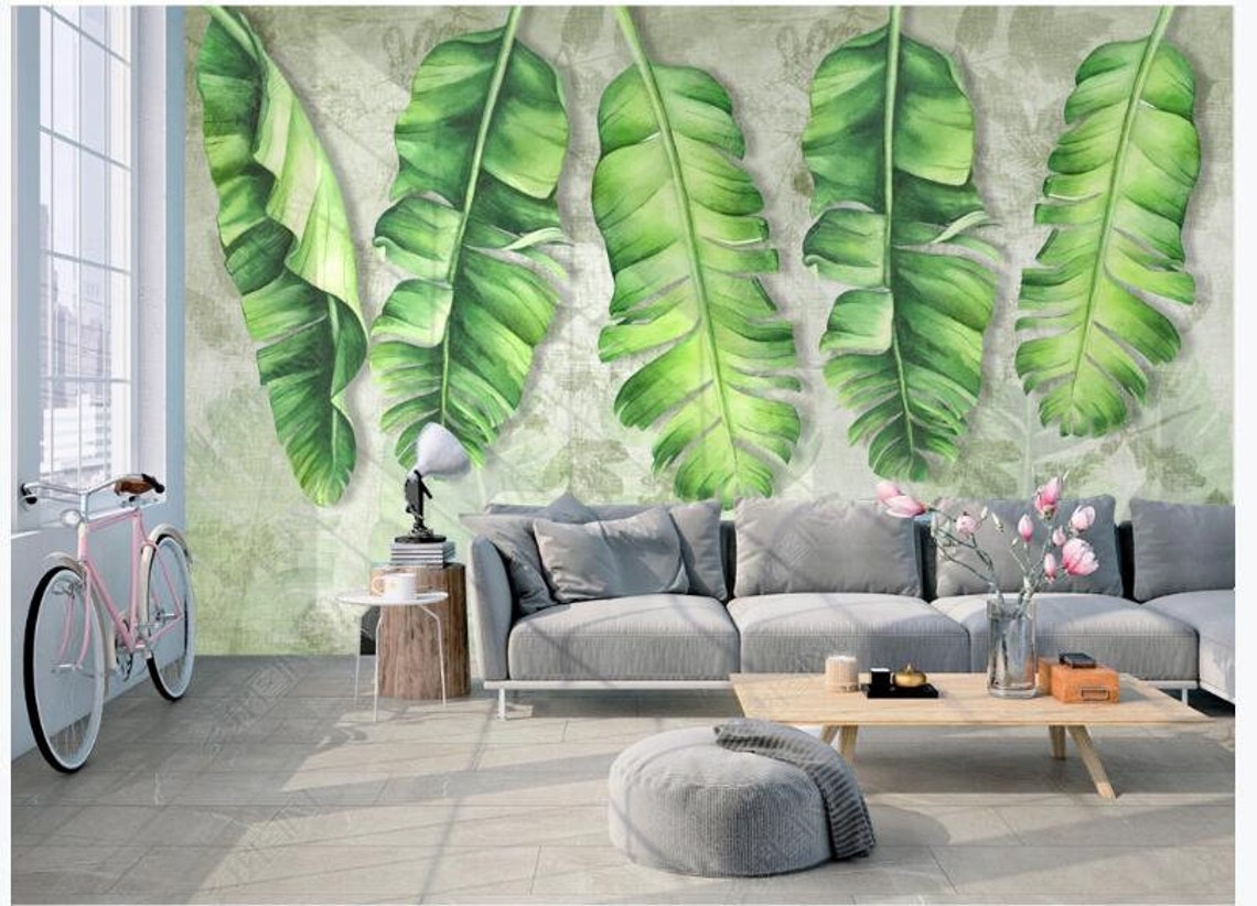 Five Green Hanging Leaves Wallpaper Wall Mural Beautiful Etsy