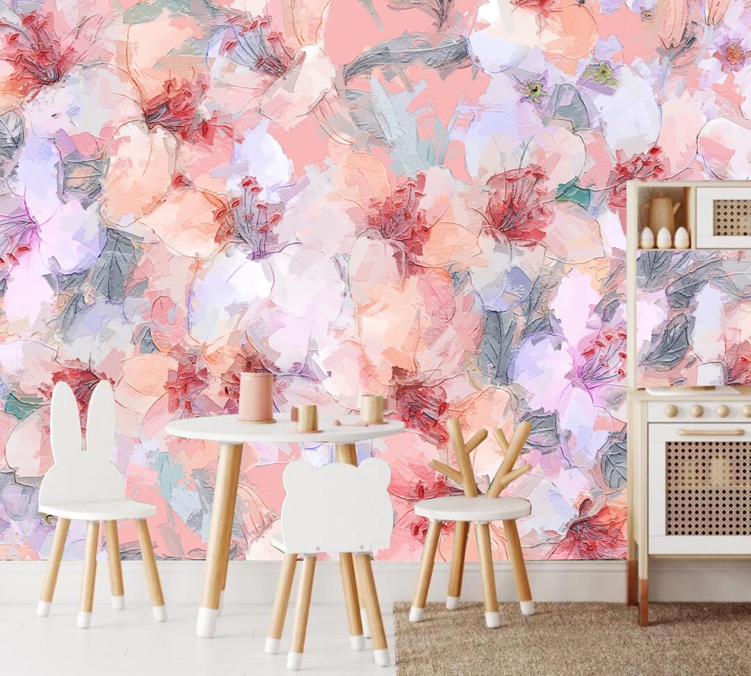 Pink Floral Wallpaper Mural: Watercolor Flowers, Peel and Stick - Etsy