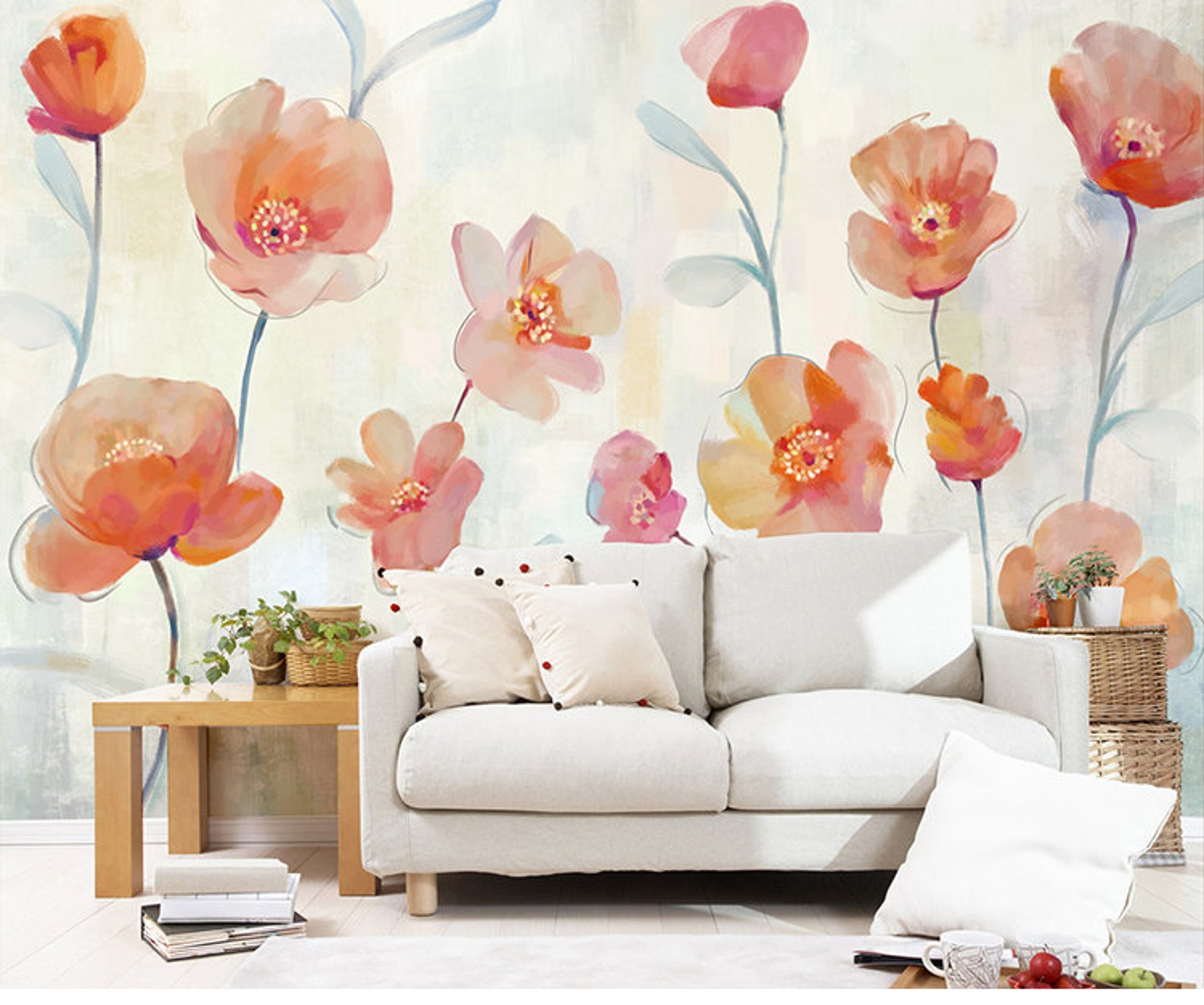 Watercolor Flowers Floral Wall Murals Wallpaper Big Flowers | Etsy