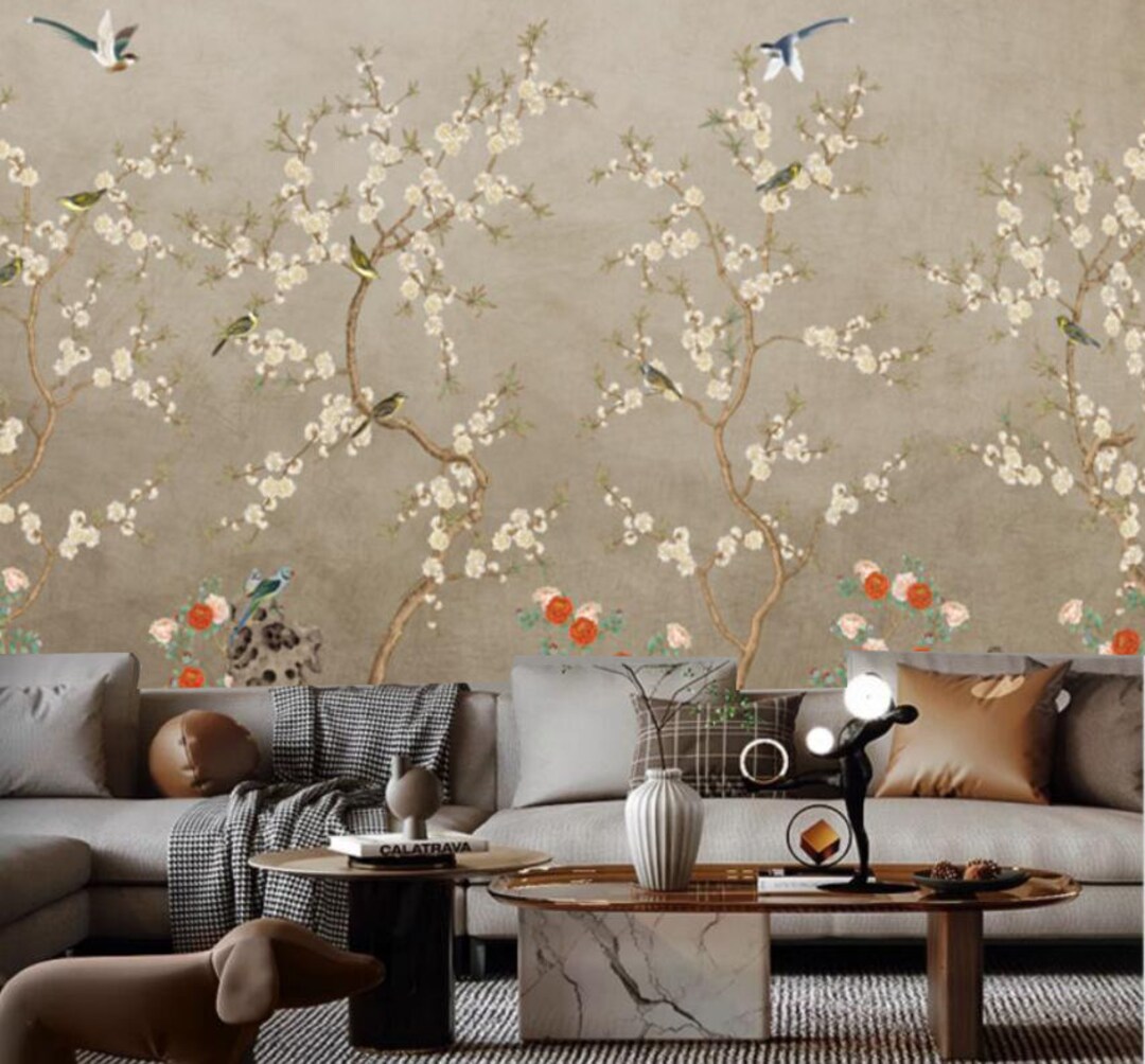 Chinoiserie Cherry Blossom Wallpaper, Flowers Vines Wall Mural Wall ...