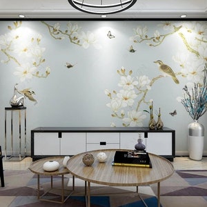 Chinoiserie Magnolia Branch Wallpaper Wall Mural, Magnolia Flowers Wall Mural for Living Room Bedroom Wall Decor
