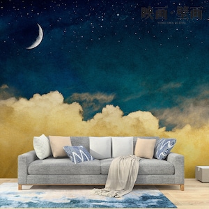 Night Dreamy Abstract Clouds Wallpaper Wall Mural, Stars Moon Night Clouds Cloudy Wall Mural Wall Decor image 3