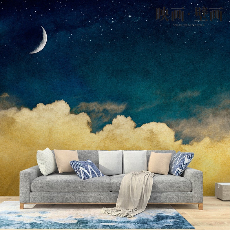 Night Dreamy Abstract Clouds Wallpaper Wall Mural, Stars Moon Night Clouds Cloudy Wall Mural Wall Decor image 3