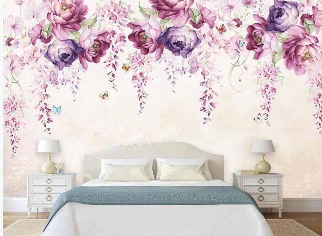 Watercolor Hanging Flowers Floral Wallpaper Wall Mural, Pink Flowers ...