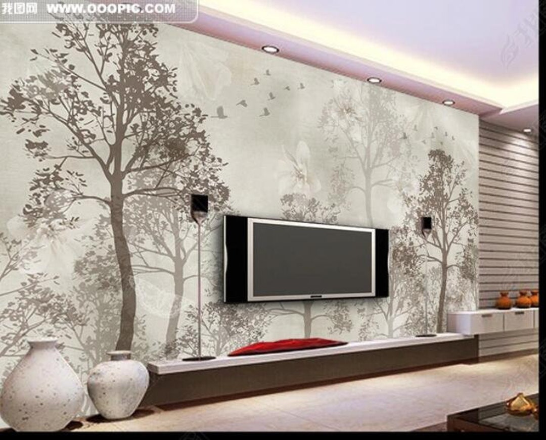 Gray Retro Trees Wallpaper Wall Mural Simple Gray Trees Wall Etsy
