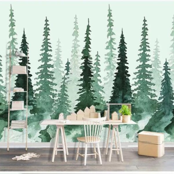 Watercolor Abstract Cypress Trees Nursery Wallpaper Wall Mural, Green Abstract Cypress Trees Kids Children Room Wall Mural