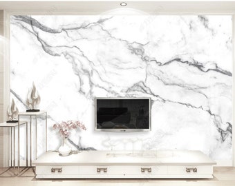 Puede incluir: Un salón moderno con una pared con diseño de mármol blanco. Un televisor de pantalla plana está montado en la pared encima de un mueble blanco. Esculturas plateadas decorativas y un jarrón con flores rosas añaden acentos.