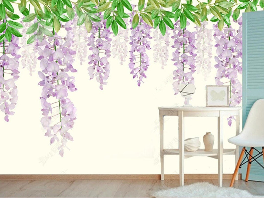 Watercolor Hanging Wisteria Flowers Wallpaper Wall Mural, Wisteria ...