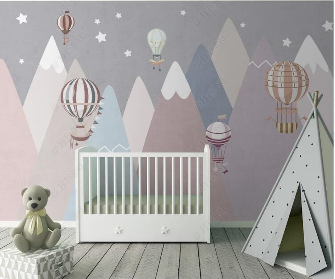 Geometric Mountain Hot Air Balloon Kids Wallpaper Wall Mural - Etsy
